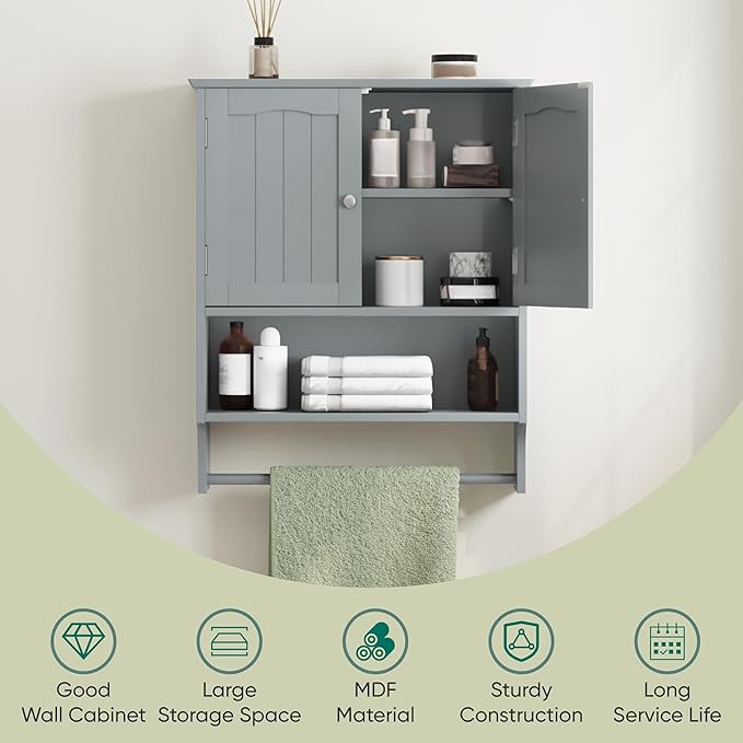 Smuxee Grey Bathroom Cabinet Wall Mounted with Towels Bar, Bathroom Medicine Cabinet with 2 Door Adjustable Shelves, Over Toilet Cabinet for Bathroom Laundry Room Kitchen