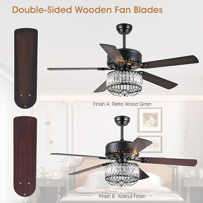 Chandelier Ceiling Fans with Lights - 52 Inch Modern Farmhouse Fandelier Ceiling Fan with Remote, Crystal Ceiling Fan Light for Bedroom Living Dining Room, Dual Finish Wooden Blades, Black