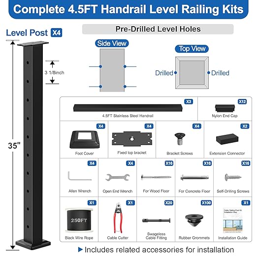 4.5FT Complete Set 36" Black Cable Railing Post Kit with Handrail Length Adjustable, 4pc Surface Mount Pre-Drilled Level Posts, Swageless Cable Railing System Kit, 250FT 1/8" Wire Rope,MY20-LP