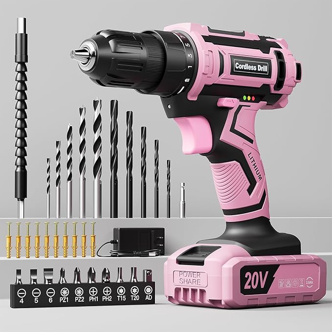 Pink Cordless Drill Set, 20V Electric Power Drill for Women, Lightweight Electric Screwdriver Driver with Power Pack & Charger, 3/8" Keyless Chuck, Womens Tool Kit for House