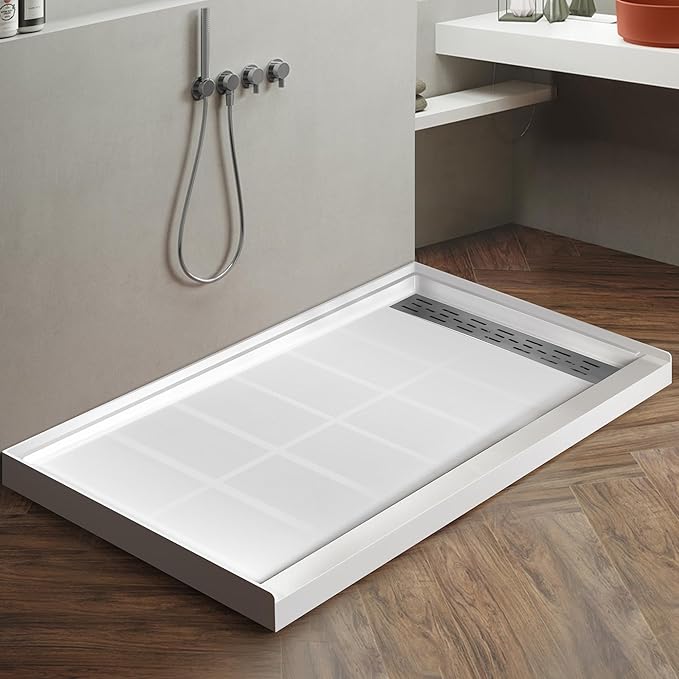 Shower Base Pan in White Right Linear Drainer, Rectangular Shower Base 60"×36"×4" with Non-Slip Floor Panel and Stainless Steel Shower Drain Cover
