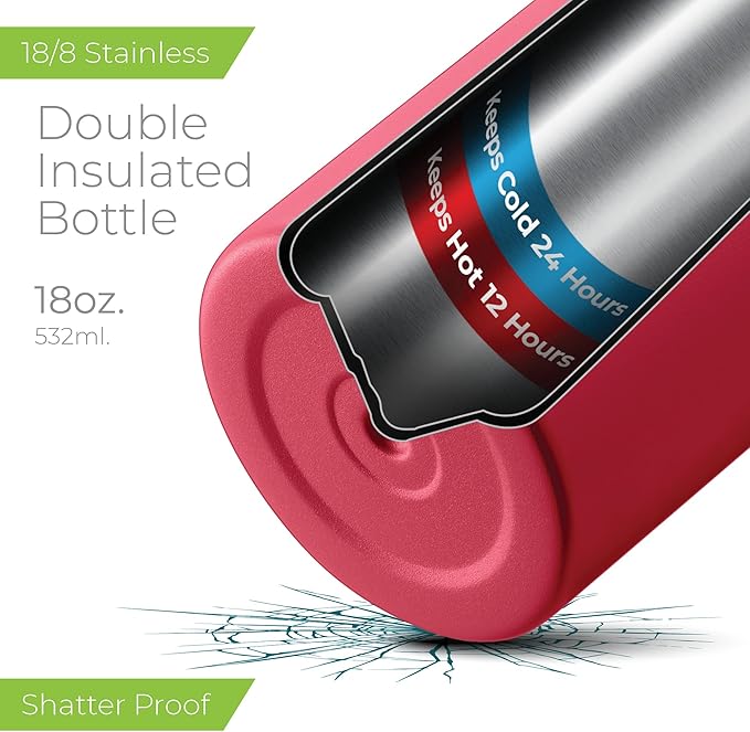 SipX™ Triple-Insulated Stainless Steel Water Bottle 18oz. With 3 Lids, BPA-Free Reusable Insulated Water Bottle Keeps Cold 24 Hours, Metal Water Bottle Made Of Sustainable Material For Hiking & Biking