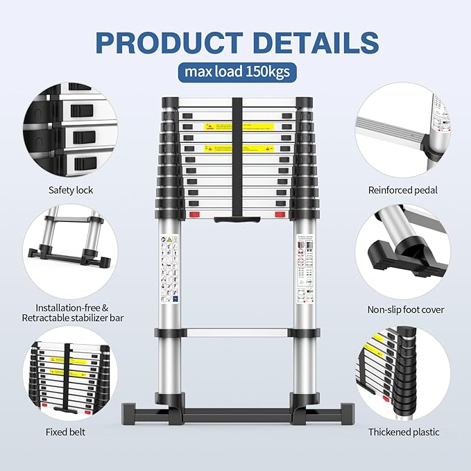 12.5FT Heavy-Duty Telescoping Ladder, 330lb Capacity Aluminum Extension Ladder with Anti-Slip Steps for Secure Attic Access, Roof, and Home Renovation Projects
