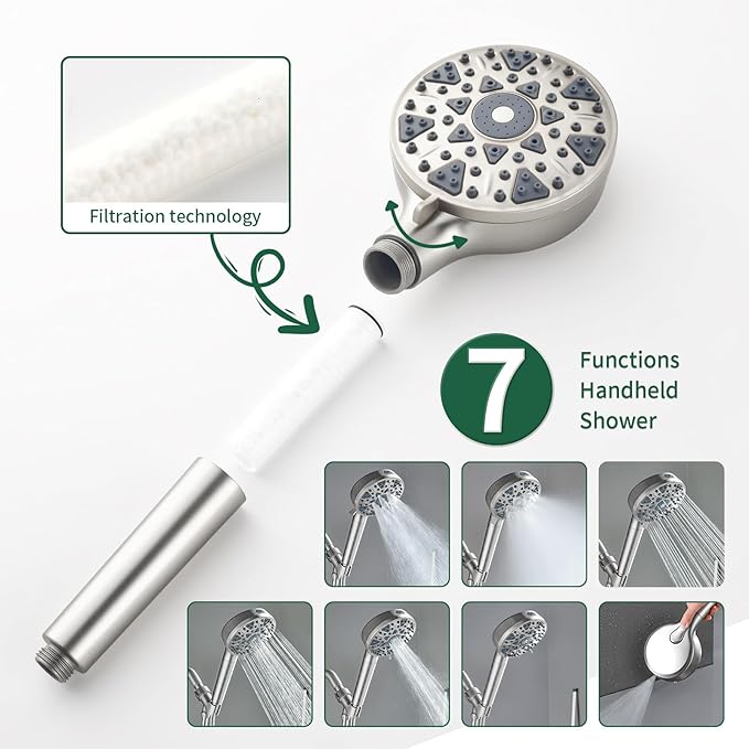 Shower Faucet Set with 7 Functions Handheld Shower Head Filter Shower Combo Set Shower System Shower Trim Kit Brushed Nickel