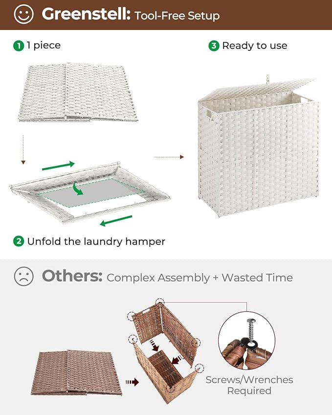 Greenstell Laundry Hamper with lid, No Install Needed, 130L Wicker Laundry Baskets Foldable 2 Removable Liner Bags, 2 Section Clothes Hamper Handwoven Rattan Laundry Basket with Handles, White