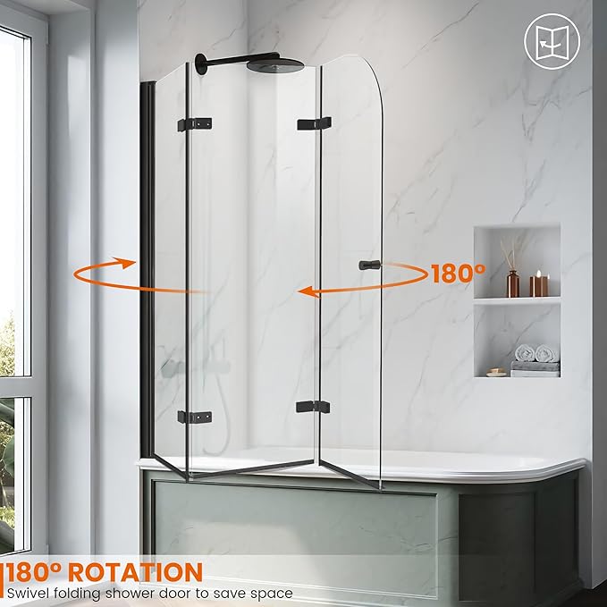 Bathtub Shower Doors 51.2-51.8 in. W × 59 in. H, 1/4" (6mm) Clear Tempered Glass Shower Door, Framless Bi-fold Triple Glass Panels Shower Door with Clamps, Matte Black