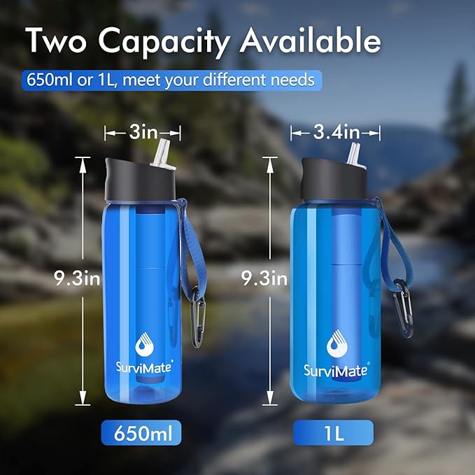 SurviMate 0.01μm Ultra-Filtration Filtered Water Bottle, Portable Water Filter Bottle with 4-Stage Filtration for Survival, Camping, Hiking, Backpacking, Drinking, Emergency