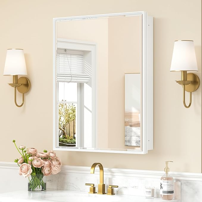 Keonjinn 24” x 30” White Bathroom Medicine Cabinets with Mirror Recessed or Surface Wall-Mounted Aluminum Alloy Metal Framed Beveled Bathroom Mirror, Large Single Door Farmhouse Storage Cabinet Mirror