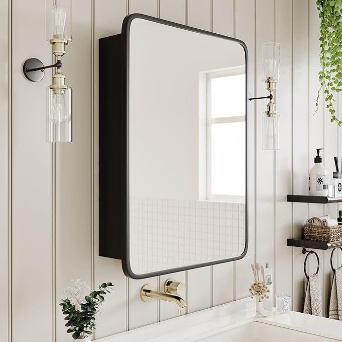 Vintage-Style Bathroom Wood Black Cabinet with 16.5''x24'' Black Metal Frame Curved Mirror, Recessed Medicine Cabinet, Bathroom Storage Cabinet