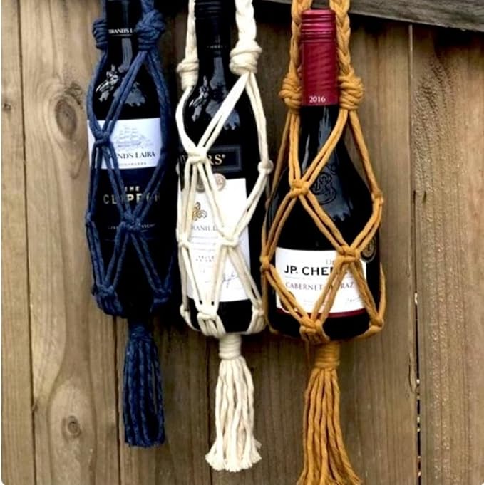 Hand-woven wine storage bag, Bohemian wine hanging bag, Bottle bag, Tote bag, 26 inch (Wine Storage Bag White)