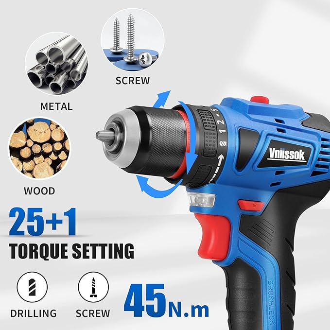 Cordless Drill Set,18V Brushless Power impach driver with Battery and Charger, 3/8" Keyless Chuck, Variable Speed, Drill Driver Bits Kit for Drilling and Tightening/Loosening Screws