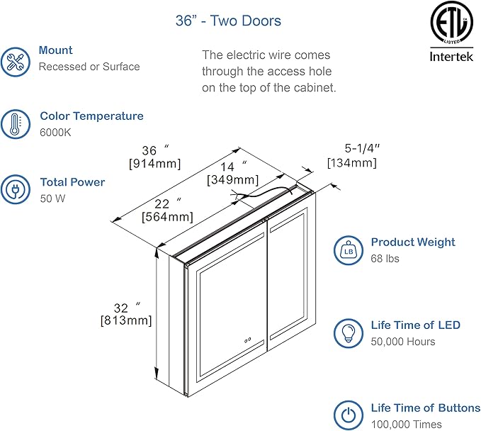 Blossom LED Mirror Medicine Cabinet with Lights, 36x32 Inch | LED Lighted Bathroom Medicine Cabinet | Recessed or Surface with Defogger, 3 Color Dimmer | Makeup Mirror | 36"x32"