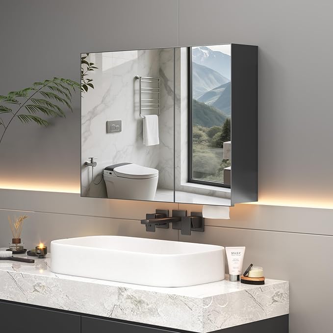 24 x 32 inch Bathroom Medicine Cabinet with Mirror, Black Metal Framed Mirror Medicine Cabinet with Storage, Pre-Assemble Medicine Cabinets for Bathroom, Recessed or Surface Mount