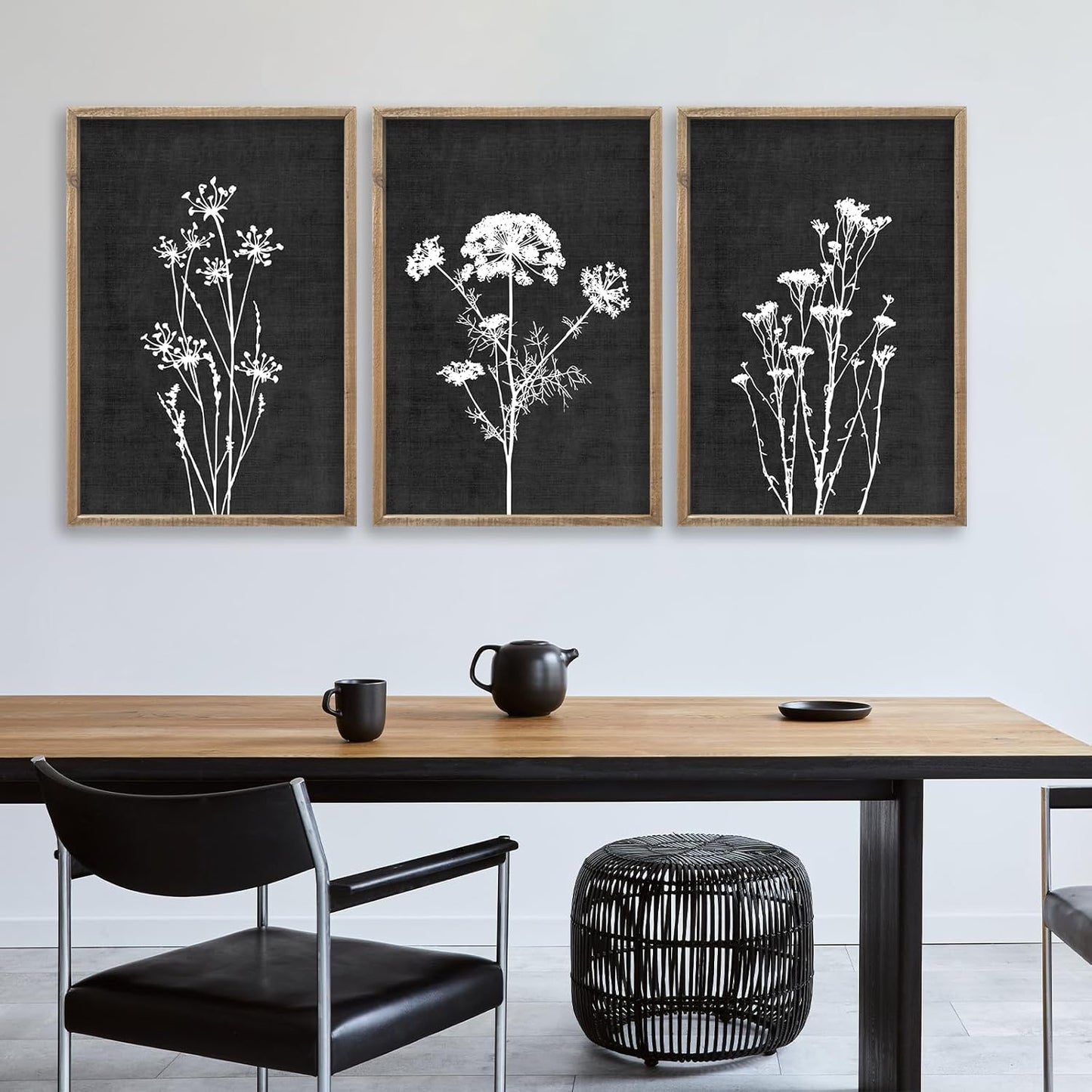 Flower Plant Wall Art Decor 16"x11" Set of 3 Black And White Botanical Painting Wood Framed For Minimalist Bedroom Office Rustic Living Room Abstract Wildflower Sign Hanging (Wood Black)