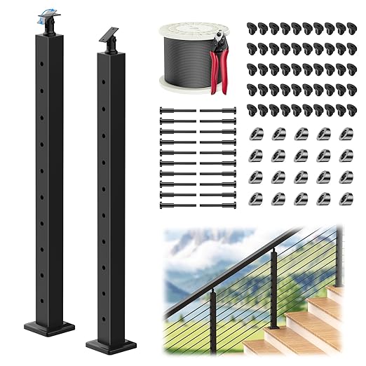 2 Pack 35" Stainless Steel Adjustable Stair Cable Railing Post Kits, 25-35 Degrees Angle Line Post with Grommets for Deck Railing Systems, Indoor & Outdoor Use,MY06-SP