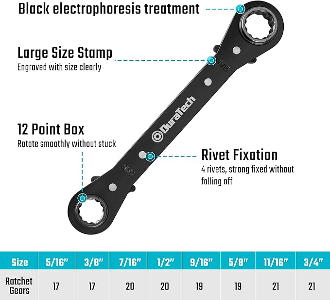 DURATECH 4-in-1 Reversible Ratcheting Wrench Set, Double Box End Wrench Set, 2-Piece, 5/16", 3/8", 7/16", 1/2", 9/16", 5/8", 11/16", 3/4", SAE