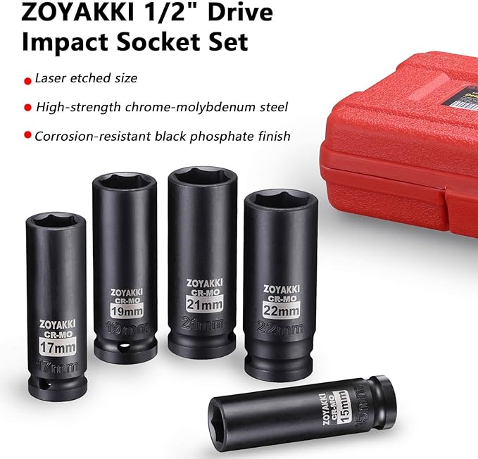 1/2" Drive Deep 6-Point Impact Socket Set, 5-Piece Standard SAE Spindle Axle Nut Impact Socket Set, Cr-Mo,6 Point (15-17-19-21-22mm) Size,Wheel Lug Nuts Socket