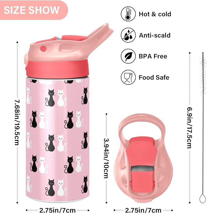 Black White Cat Kids Water Bottle with Straw Pink Insulated Stainless Steel BPA-Free Sport Bottles for Boys Girls Toddlers 12 oz Lid