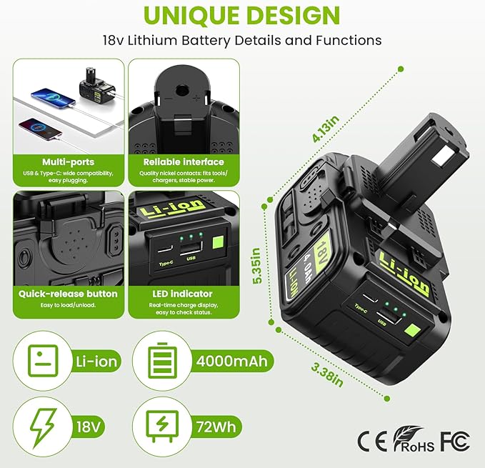 18V 4.0Ah Replacement Battery with USB and Charger Combo for Ryobi Battery Charger,Compatible with Ryobi 18 Volt Lithium-Ion ONE+ System P102 P103 P104 P105 P107 P108 P109 P190 P122 Cordless Tools