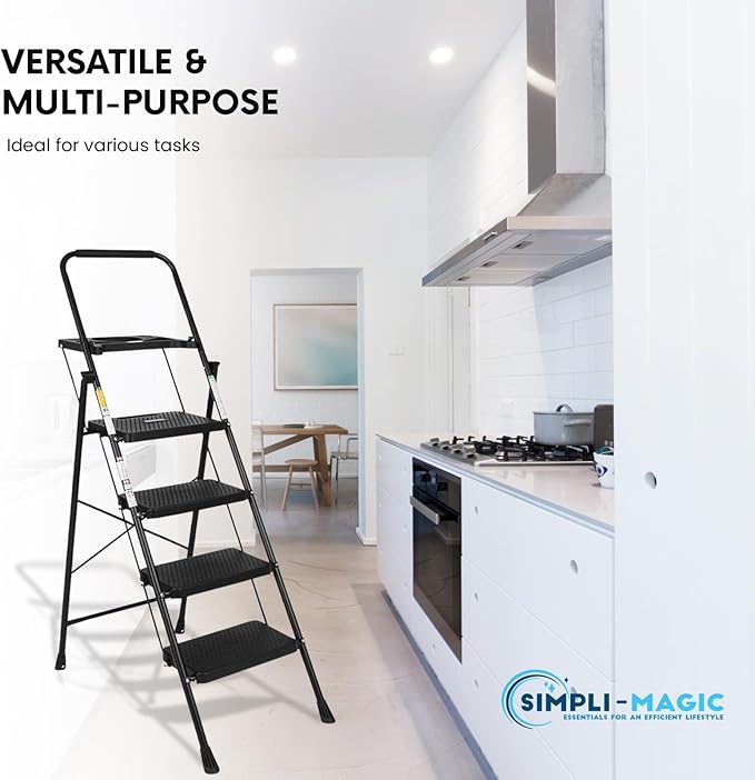 SIMPLI-MAGIC 4-Step Ladder, 800 LBS Capacity Folding Step Stool – Anti-Slip Wide Steps & Handgrip – ANSI Certified Lightweight & Durable Steel Stepping Stool for Kitchen, Home, Office & Garage