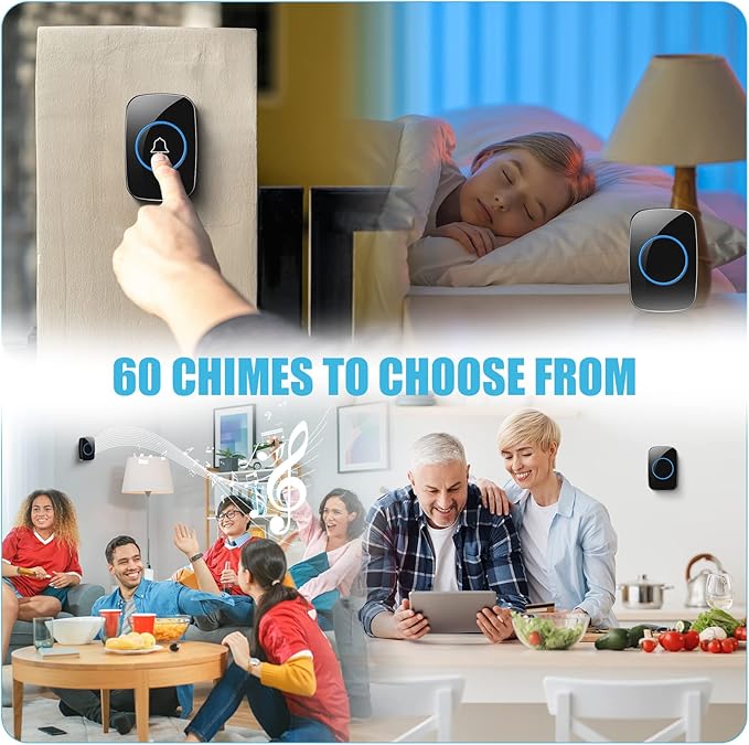 8 Pcs Waterproof Doorbell Kit 4 Pcs Home Doorbell with 4 Pcs Receivers 1000 FT Range 5 Volume Levels with 60 Doorbell Chimes and LED Flash (Black)