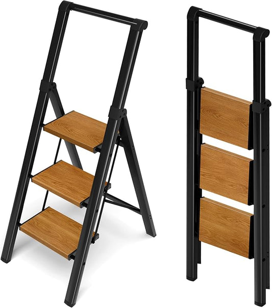 Taranta 3 Step Ladder, Portable Folding Ladder with Wide Pedal, Lightweight Aluminum Step Stool with Convenient Handgrip, 330 lbs Capacity Stepladder for Home, Office - BlackWoodgrain