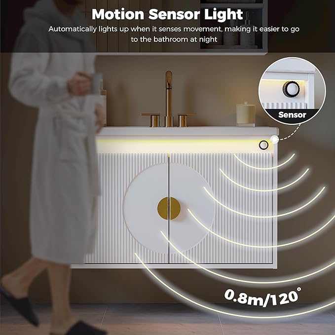 IRONCK Floating Bathroom Vanity with Sink, Mirror Medicine Cabinet, LED Strip Light, 30 Inches Modern Wall Mounted Sink Cabinets & Mirror Cabinets Set with Large Storage Space, White