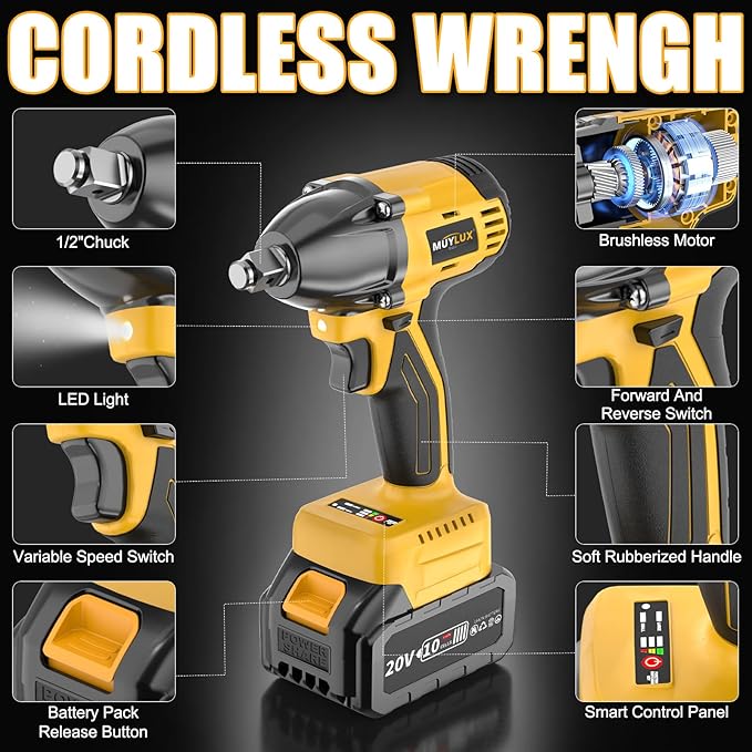 4.0Ah Battery Cordless Impact Wrench, Brushless 1/2 Impact Gun, 320Ft-lbs(430N.m) 20V High Torque Power Impact Driver, Electric Impact for Car Home, 2 Batteries