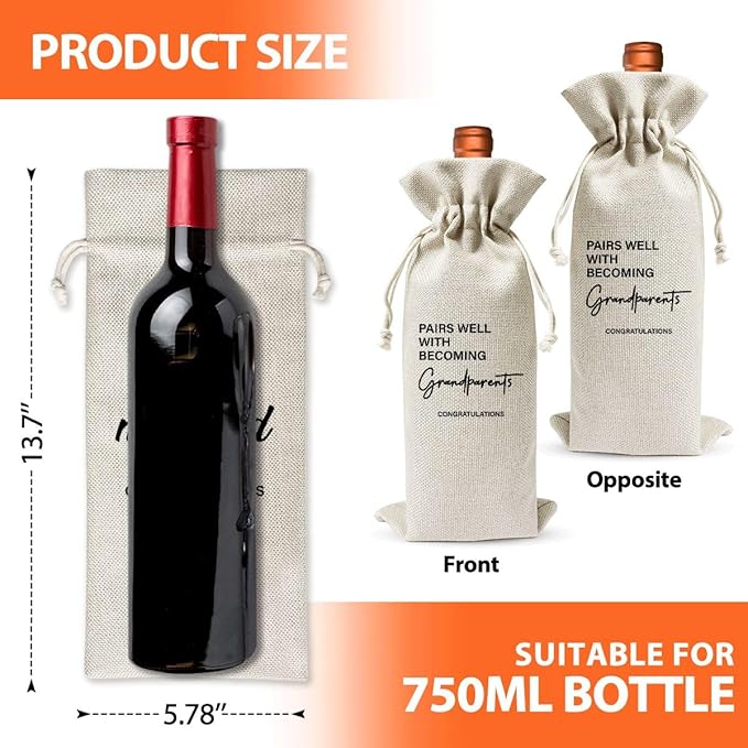 Grandparents Gift Wine Bag, Baby Announcement Wine Gift Bags Gift For New Grandpa Grandma, Grandparents Aunt Uncle, Baby Announcement Cotton Burlap Wine Bag