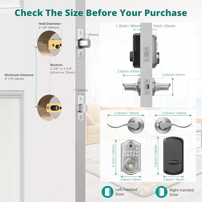 DS10 Pro Keyless Entry Door Lock with Handle - 2 Lever Handles, Bluetooth APP Control, Fingerprint Door Locks, Electronic Keypad Deadbolt Lock, Smart Doors Lock, Auto-Lock, Satin Nickel