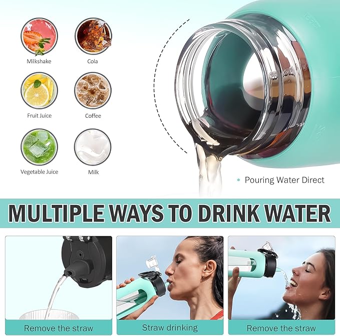 Kodrine Water Bottle With Straw and Carry Handle, Glass Water Bottle 24 oz Leak Proof Locking Lid with Soft Silicone Spout, Small Clear Water Bottle, Travel Sports Water Jug, Time Marker, Light Blue
