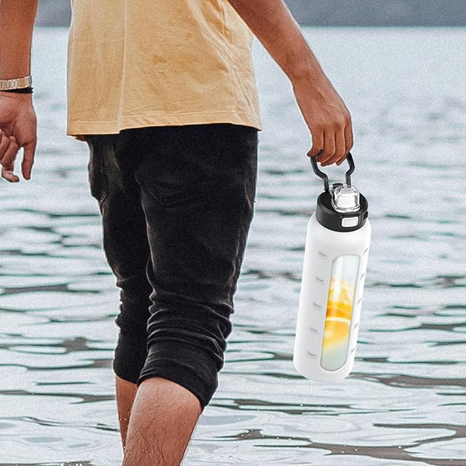Kodrine Water Bottle With Straw and Carry Handle, Glass Water Bottle 24 oz Leak Proof Locking Lid with Soft Silicone Spout, Small Clear Water Bottle, Travel Sports Water Jug, Time Marker, White