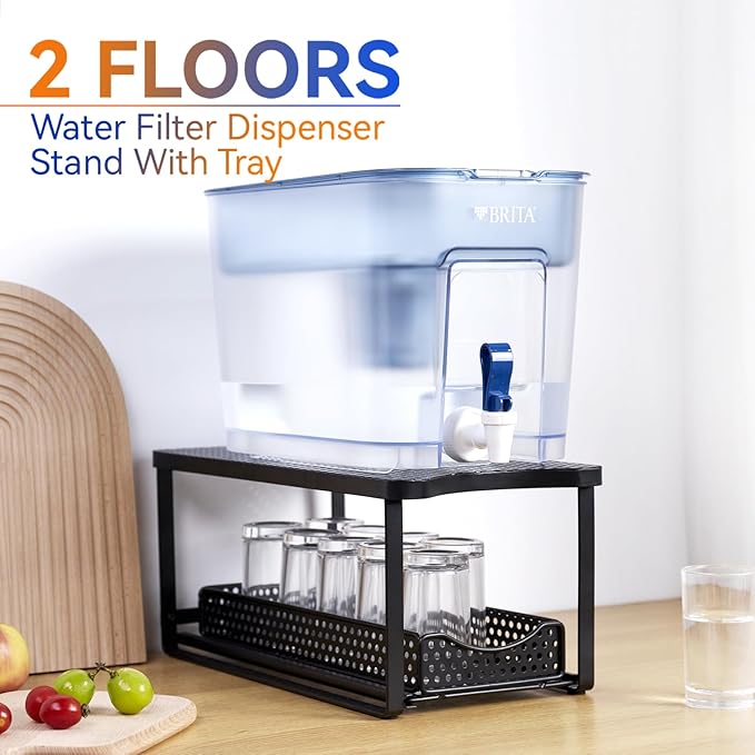 Water Dispenser Stand for Countertop-Metal Black Water Filter Stand,with Drawers Suitable,Compatible with Brita Water Pitcher and Zerowater Pitcher 14.5"x7.7"x6.9"