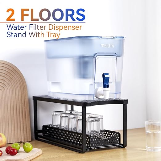 Water Dispenser Stand for Countertop-Metal Black Water Filter Stand 14.5"x7.7"x6.9",with Drawers Suitable,Compatible with Brita Water Pitcher and Zerowater Pitcher