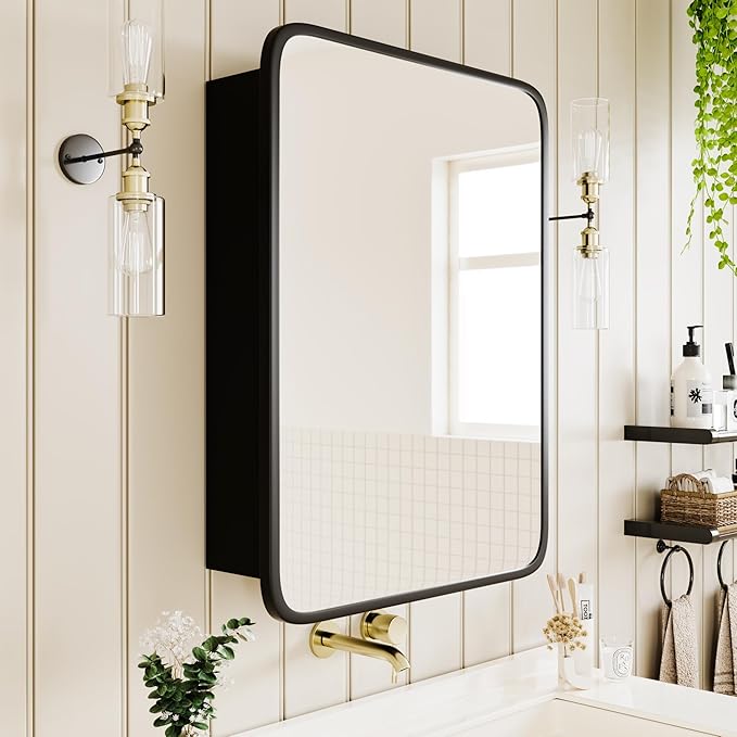Bathroom Wood Black Cabinet with 20''x30'' Black Metal Frame Curved Mirror, Recessed Medicine Cabinet, Bathroom Storage Cabinet