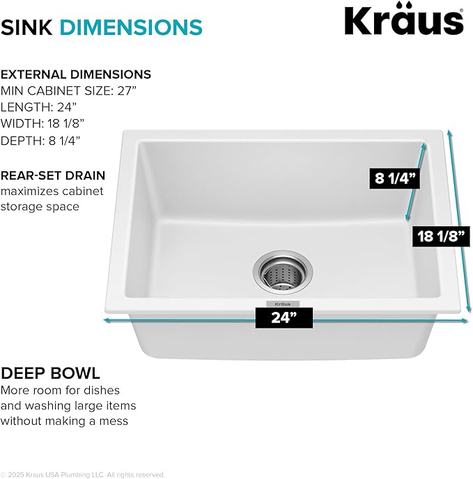 KRAUS Quarza 24-inch Granite Drop-In/Undermount Single Bowl White Kitchen Sink, KGD-410BWHITE