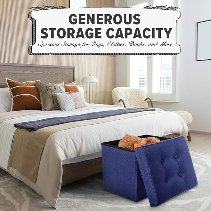 LINMAGCO Storage Ottoman Folding Foot Stool Foot Rest with Side Pocket Modern Ottoman with Storage Short Sofa Stool Linen Cloth 17x13x13(Navy)