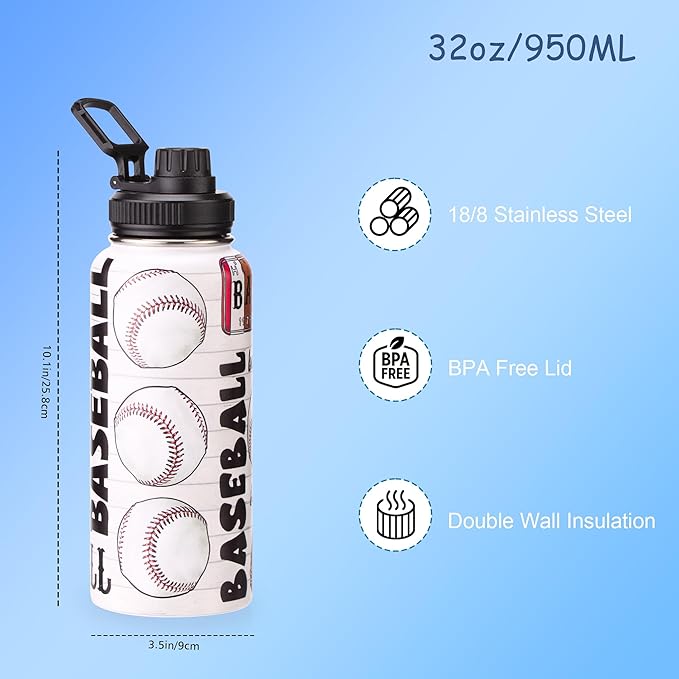 Cutiset 32 oz Baseball Water Bottle with Lids, Stainless Steel Leak Proof Sports Water Flask, Vacuum Metal Water Bottle,Baseball