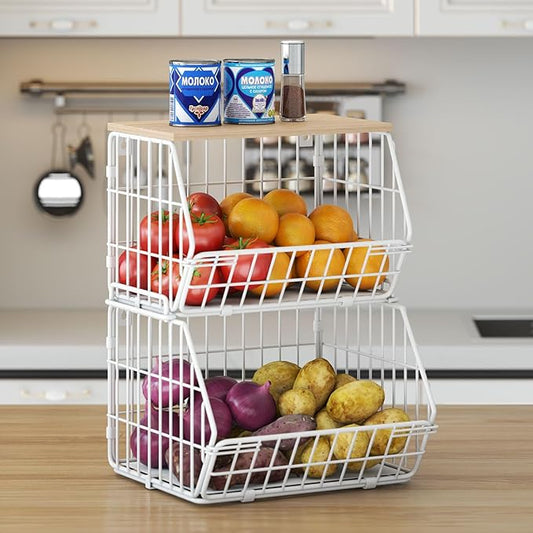 Wetheny 2 Tier Stackable Wall Mounted Wire Basket Fruit Basket with Wood Lid - Kitchen Pantry Organization and Storage, Hanging Storage Basket for fruits, Onion, Potato, Produce, Vegetable (White)