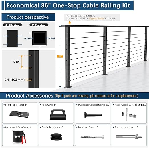 4 Pack Economical One-Stop Cable Railing Post Kits 36", Stainless Steel T304 Deck Railing System with Swageless Tensioner, Upgraded Black Powder Coated Level Drilled Post Kits with DIY Length