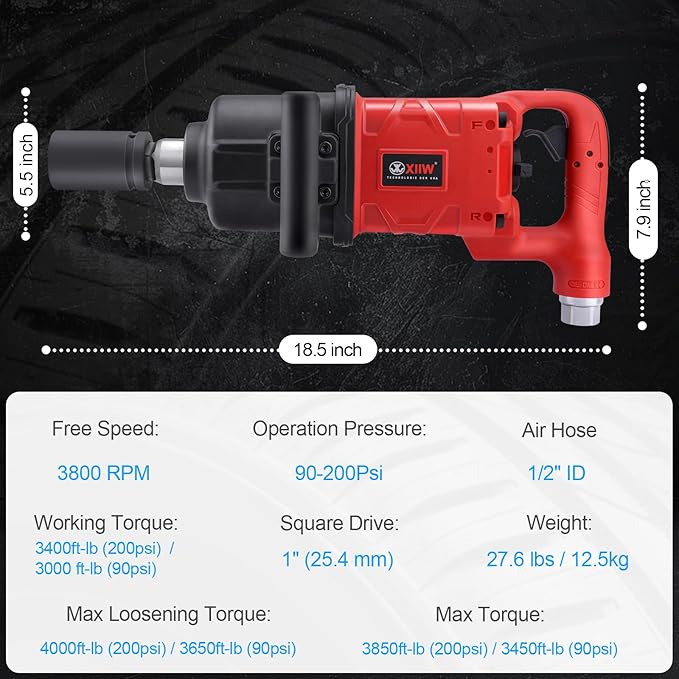 XIIW 1 Inch Air Impact Wrench, Up to 4000 ft-lbs High Reverse Torque, 1'' Lightweight Pneumatic Impact Gun w/ 2 D Handles 3800RPM for Heavy Duty Repairs