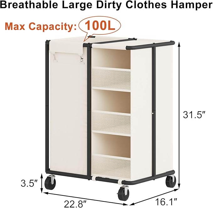 WOWLIVE Laundry Sorter with Wheels 100L Rolling Laundry Hamper with Hanging and Removable Bag Laundry Cart with Steel Frame and Storage Unit Large Basket Organizer for Dorm Room, Bathroom (Beige)