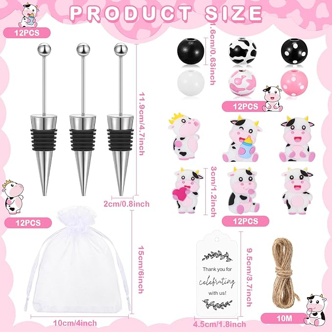 Gisafai 12 Set Cow Beadable Wine Stoppers Baby Shower Wedding Favors for Guests Decorative Beaded Wine Bottle Stopper with Cow Beads Organza Bag Tag for Wedding Cow Party Favor Souvenirs Gifts