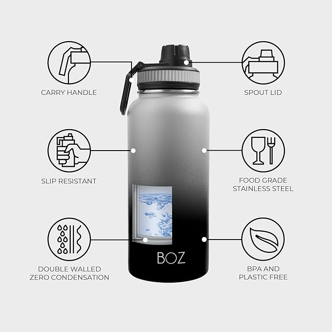 BOZ Stainless Steel Water Bottle - Vaccum Insulated Water Bottle 32 Oz - Wide Mouth BPA Free Sport Water Bottle for Gym with Spout Lid - Thermal Hot & Cold 1 Litre Gradient Black Waterbottle