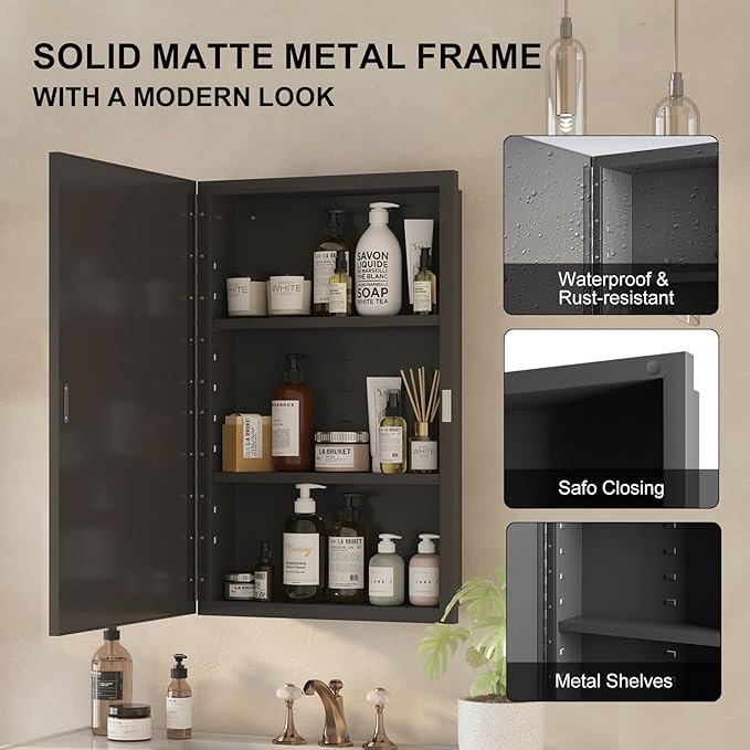 Metal Recessed Medicine Cabinets for Bathroom Medicine Cabinet with Mirror,Medicine Cabinet Wall Mounted,Bathroom Cabinet with Mirror,Adjust Shelves Mirrored Cabinets with Storage 16x26