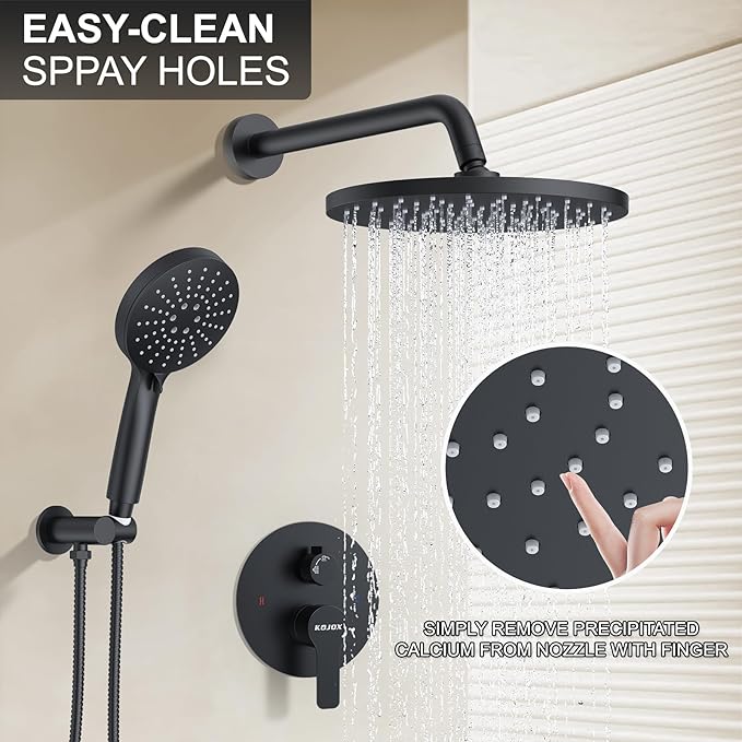 KOJOX Shower System- High Pressure Shower Head- 3 Setting Headheld Shower Head Fixtures- Shower Valve Included (Matte Black)