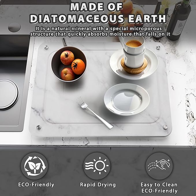 Stone Drying Mat for Kitchen Counter , IPOW Diatomaceous Dish Drying Mats Superb Absorbent，Heat-ResistantFast Drying Stone Mat Kitchen with Non-Slip Stainless Steel Feet（White）