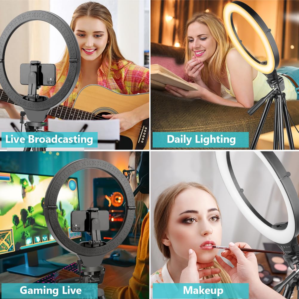 Sensyne 10'' Ring Light with 50'' Extendable Tripod Stand, LED Circle Lights with Phone Holder for Live Stream/Makeup/YouTube Video/TikTok, Compatible with All Phones
