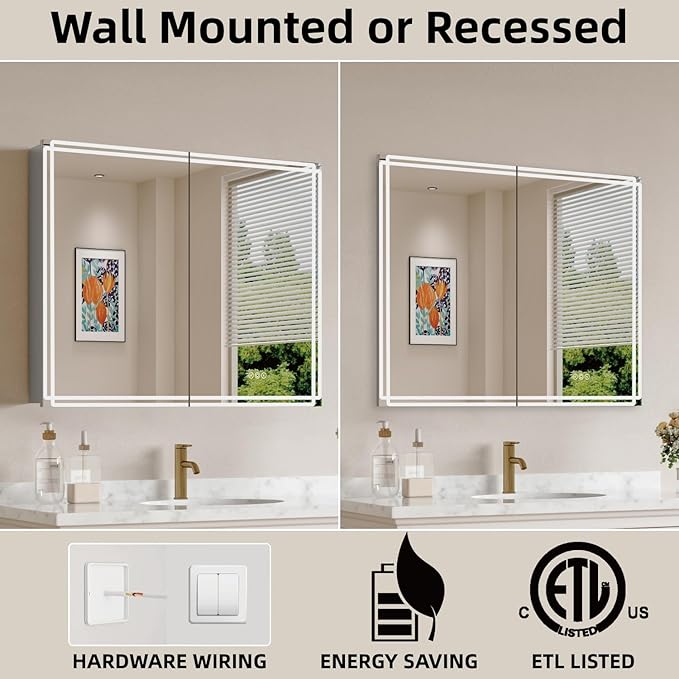 Buruis 32'' x 32'' Medicine Cabinet with Lights and Mirrors, Recessed or Wall Mounted Modern Bathroom Cabinet with 3-Mode Light, Anti-Fog, Dimmable, Memory Function, Outlet, Silver