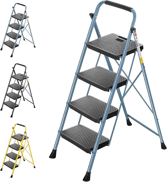 TICONN 4 Step Ladder, Heavy Duty Foldable Step Stool, Portable Steel Folding Stool for Household Garage Storage (Blue)